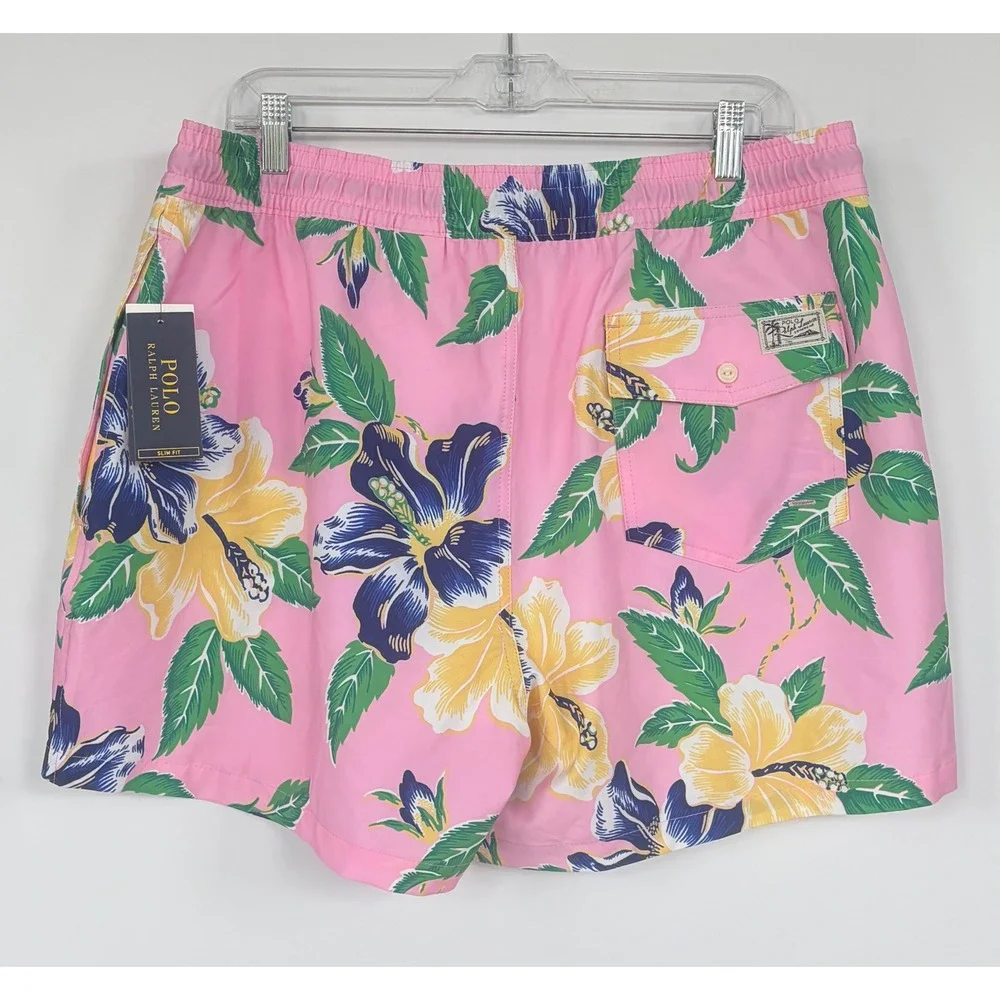 Polo Ralph Lauren Men XXL Pink Hibiscus Floral Tropical Swim Trunks Slim Fit New